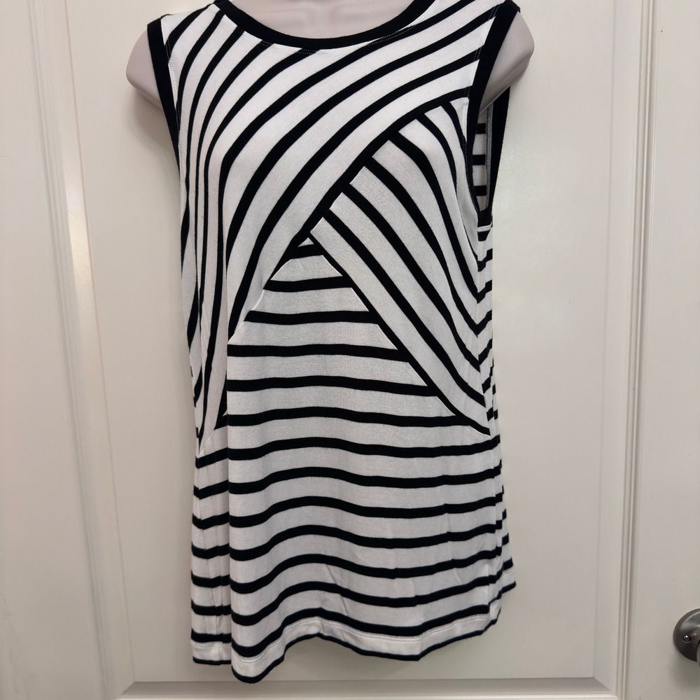 Cabi Womens S Black White Stripe High Low Sleeveless Top Office, Layer, Casual
